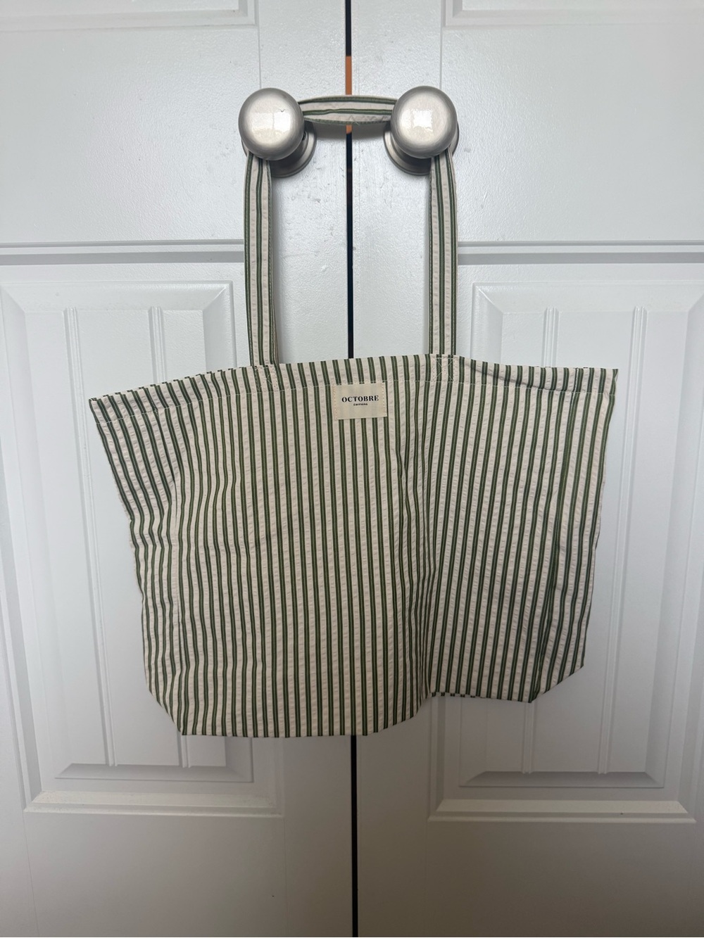 OCTOBRE Green & Cream Striped Canvas Tote Bag